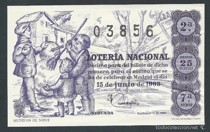 National Spanish Lottery: decimo loteria nacional 15 de junio a&ntilde;o 1963 sorteo 17 mu&ntilde;ecos de nieve