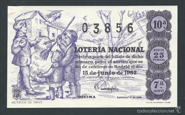 National Spanish Lottery: decimo loteria nacional 15 de junio a&ntilde;o 1963 sorteo 17 mu&ntilde;ecos de nieve