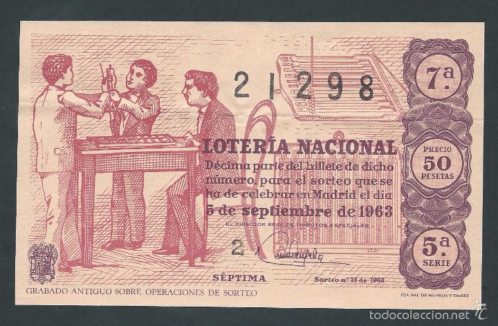 Nationale spanische Lotterie: decimo loteria nacional 5 de septiembre a&ntilde;o 1963 sorteo n 25 grabado antiguo sobre operaciones