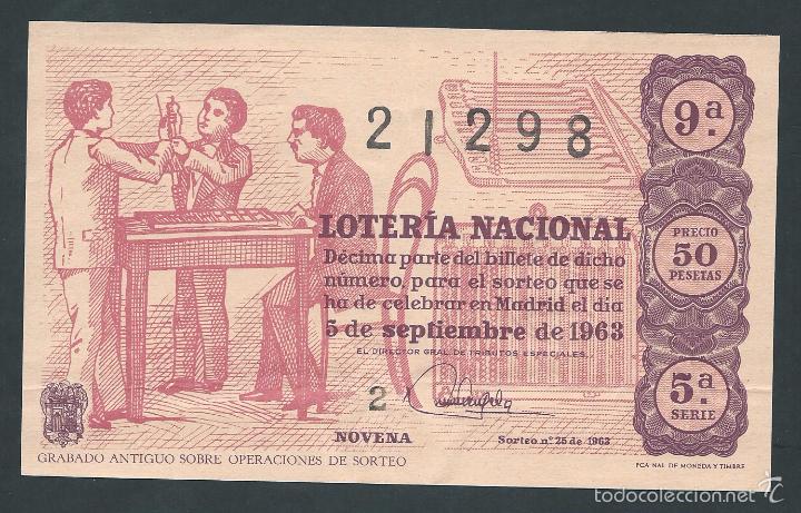 Nationale spanische Lotterie: decimo loteria nacional 5 de septiembre a&ntilde;o 1963 sorteo n 25 grabado antiguo sobre operaciones