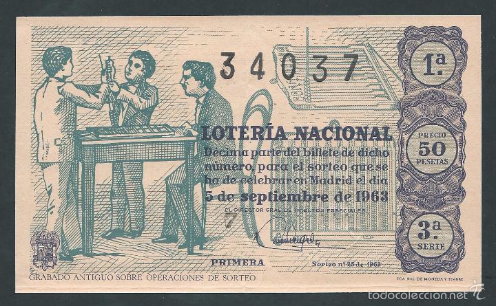 Nationale spanische Lotterie: decimo loteria nacional 5 de septiembre a&ntilde;o 1963 sorteo n 25 grabado antiguo sobre operaciones