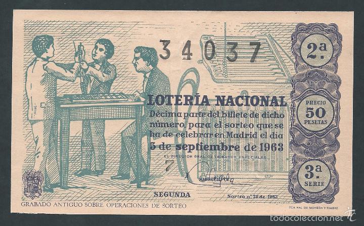 Nationale spanische Lotterie: decimo loteria nacional 5 de septiembre a&ntilde;o 1963 sorteo n 25 grabado antiguo sobre operaciones