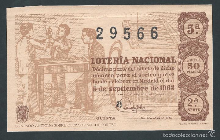 Nationale spanische Lotterie: decimo loteria nacional 5 de septiembre a&ntilde;o 1963 sorteo n 25 grabado antiguo sobre operaciones