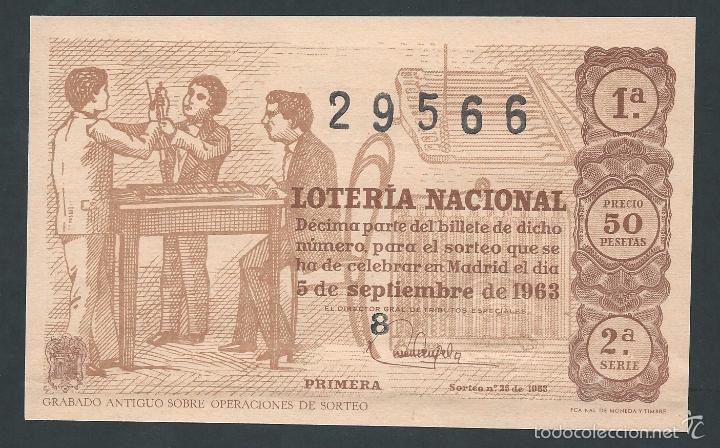Nationale spanische Lotterie: decimo loteria nacional 5 de septiembre a&ntilde;o 1963 sorteo n 25 grabado antiguo sobre operaciones