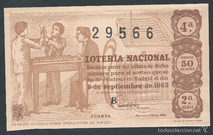 Nationale spanische Lotterie: decimo loteria nacional 5 de septiembre a&ntilde;o 1963 sorteo n 25 grabado antiguo sobre operaciones