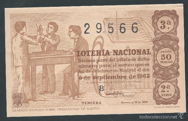 Nationale spanische Lotterie: decimo loteria nacional 5 de septiembre a&ntilde;o 1963 sorteo n 25 grabado antiguo sobre operaciones