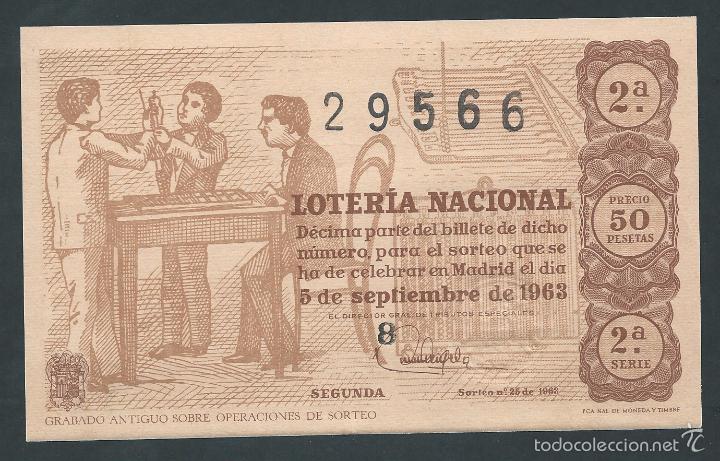 Nationale spanische Lotterie: decimo loteria nacional 5 de septiembre a&ntilde;o 1963 sorteo n 25 grabado antiguo sobre operaciones