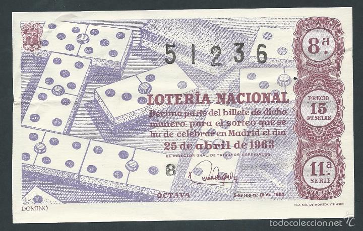 Nationale spanische Lotterie: decimo loteria nacional 25 de abril sorteo 12 a&ntilde;o 1963 domino