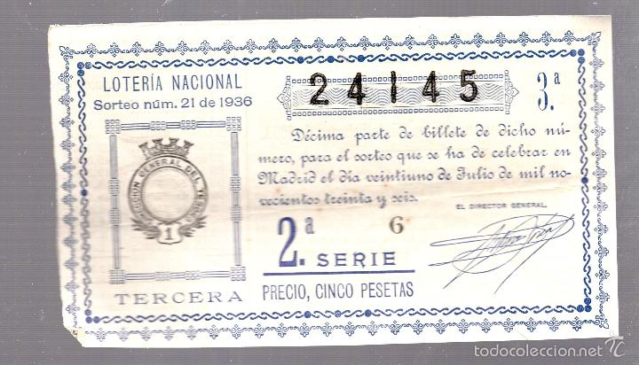 National Spanish Lottery: CUPON. LOTERIA NACIONAL. 2&ordf; SERIE. SORTE N&ordm; 21 DE 1936.