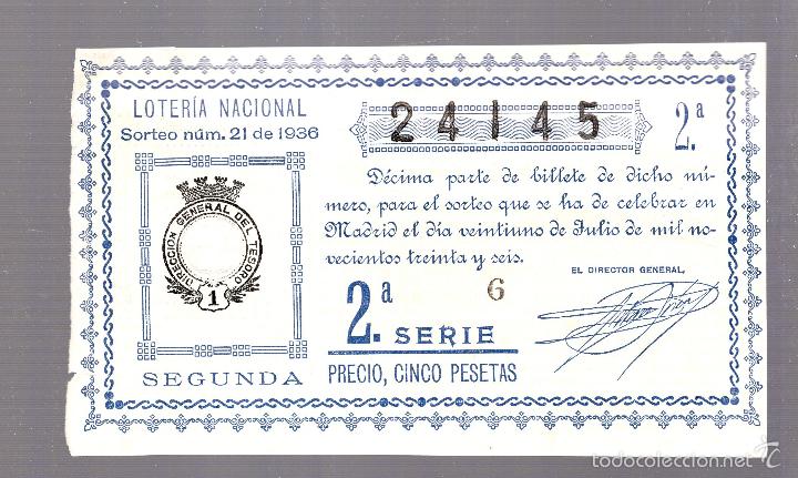 National Spanish Lottery: CUPON. LOTERIA NACIONAL. 2&ordf; SERIE. SORTE N&ordm; 21 DE 1936.