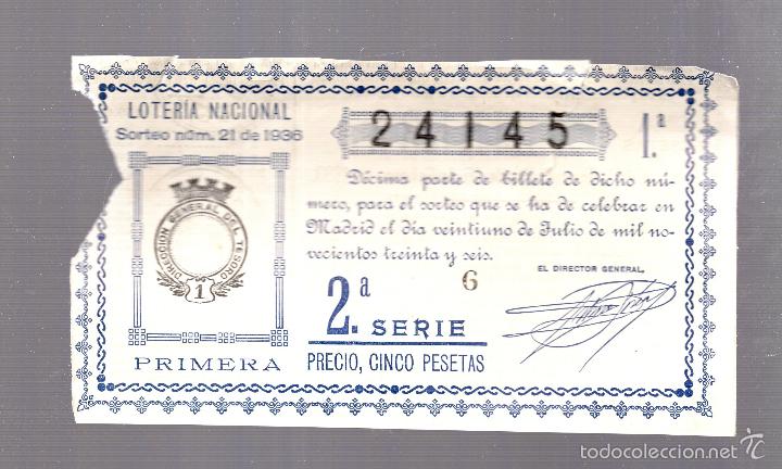 National Spanish Lottery: CUPON. LOTERIA NACIONAL. 2&ordf; SERIE. SORTE N&ordm; 21 DE 1936.