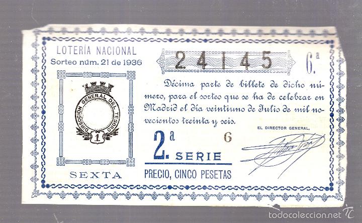 National Spanish Lottery: CUPON. LOTERIA NACIONAL. 2&ordf; SERIE. SORTE N&ordm; 21 DE 1936.