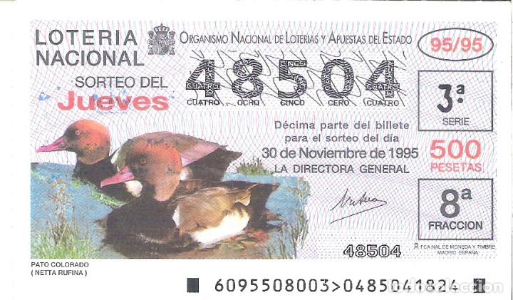 Lotaria Nacional: 1 DECIMO LOTERIA NACIONAL JUEVES - 30 NOVIEMBRE 1995 - 95/95 - FAUNA - AVES - PATO COLORADO