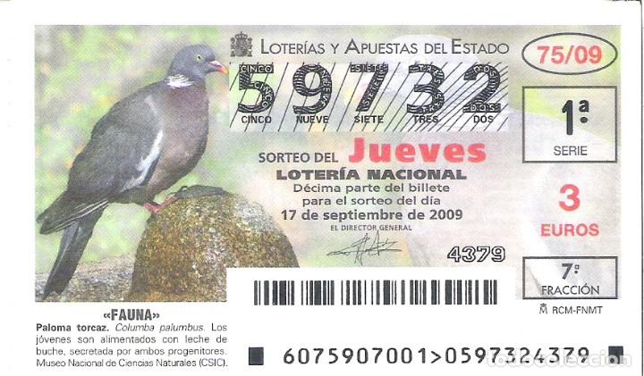 Lotaria Nacional: 1 DECIMO LOTERIA NACIONAL JUEVES - 17 SEPTIEMBRE 2009 - 75/09 - FAUNA - AVES - PALOMA TORCAZ