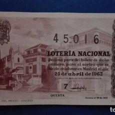 Lotería Nacional: DECIMO DE LOTERIA DE 1962 SORTEO 12