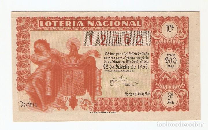 Loter&iacute;a Nacional: DECIMO LOTERIA NACIONAL A&Ntilde;O 1952 SORTEO N&ordm; 36