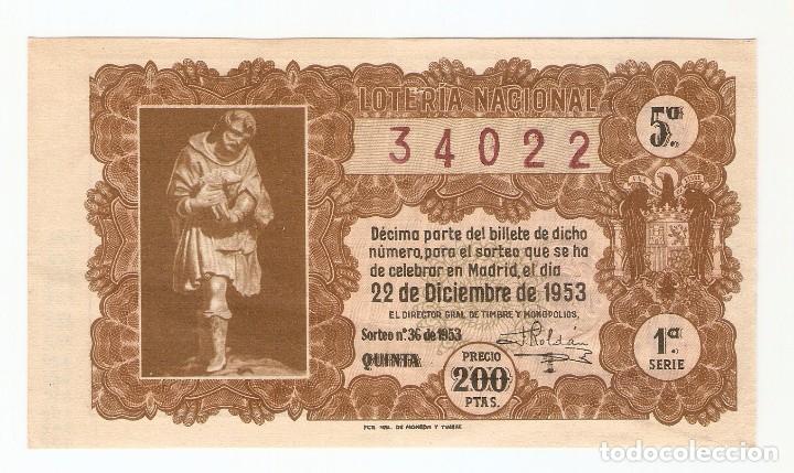 National Spanish Lottery: DECIMO LOTERIA NACIONAL A&Ntilde;O 1953 SORTEO N&ordm; 36