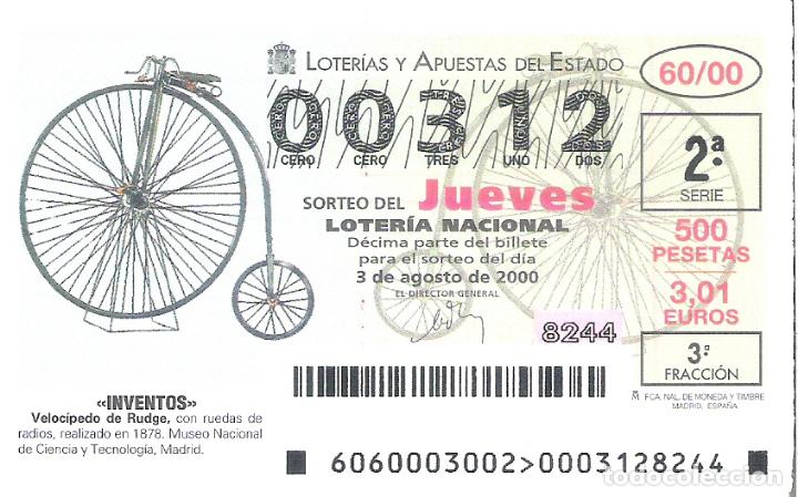 Nationale spanische Lotterie: 1 DECIMO LOTERIA DEL JUEVES - 3 AGOSTO 2000 - 60/00 - INVENTOS - VELOCIPEDO DE RUDGE