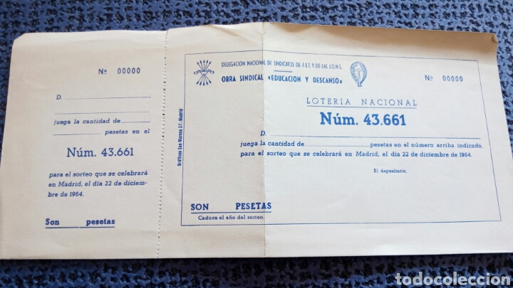 Loter&iacute;a Nacional: Antiguo billete de loter&iacute;a nacional delegaci&oacute;n nacional de sindicatos FET y JONS Falange. 1964.