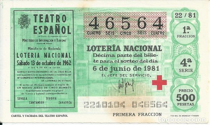 National Spanish Lottery: Loteria Nacional Capicua 46564 a&ntilde;o 1981 sorteo 22