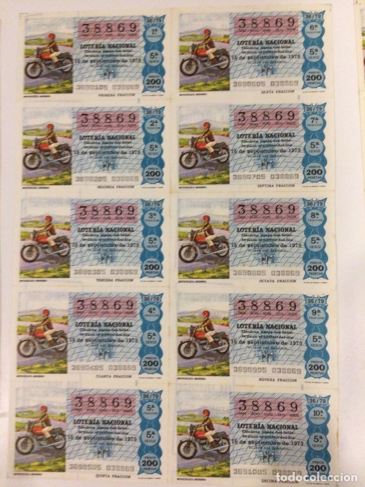 National Spanish Lottery: BILLETE COMPLETO DE LOTERIA. 1979. 36/79. MOTOCICLETA MODERNA. ADM.DE LOTERIA N&ordm;7. S.FRANCISO. C&Aacute;DIZ