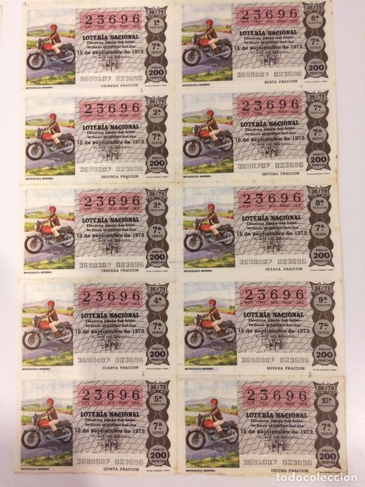 Nationale spanische Lotterie: BILLETE COMPLETO DE LOTERIA. 1979. 36/79. MOTOCICLETA MODERNA. ADM.DE LOTERIA N&ordm;7. S.FRANCISO. C&Aacute;DIZ