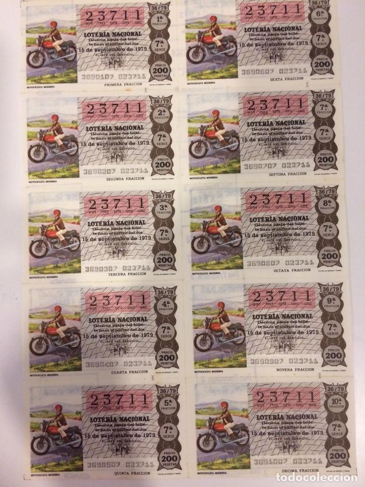Nationale spanische Lotterie: BILLETE COMPLETO DE LOTERIA. 1979. 36/79. MOTOCICLETA MODERNA. ADM.DE LOTERIA N&ordm;7. S.FRANCISO. C&Aacute;DIZ