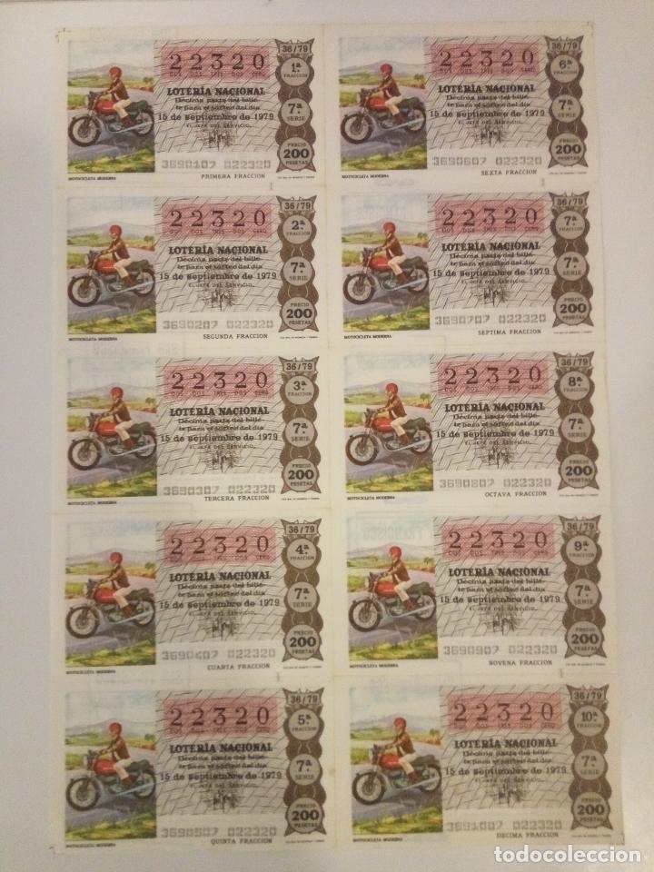 Nationale spanische Lotterie: BILLETE COMPLETO DE LOTERIA. 1979. 36/79. MOTOCICLETA MODERNA. ADM.DE LOTERIA N&ordm;7. S.FRANCISO. C&Aacute;DIZ