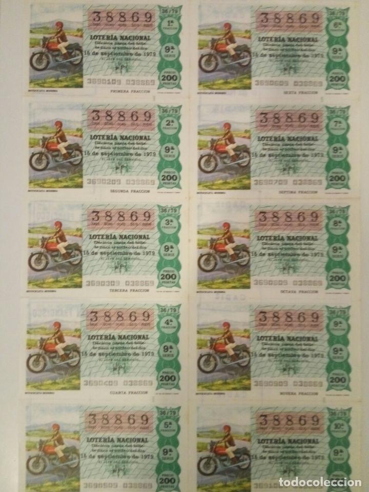 Nationale spanische Lotterie: BILLETE COMPLETO DE LOTERIA. 1979. 36/79. MOTOCICLETA MODERNA. ADM.DE LOTERIA N&ordm;7. S.FRANCISO. C&Aacute;DIZ