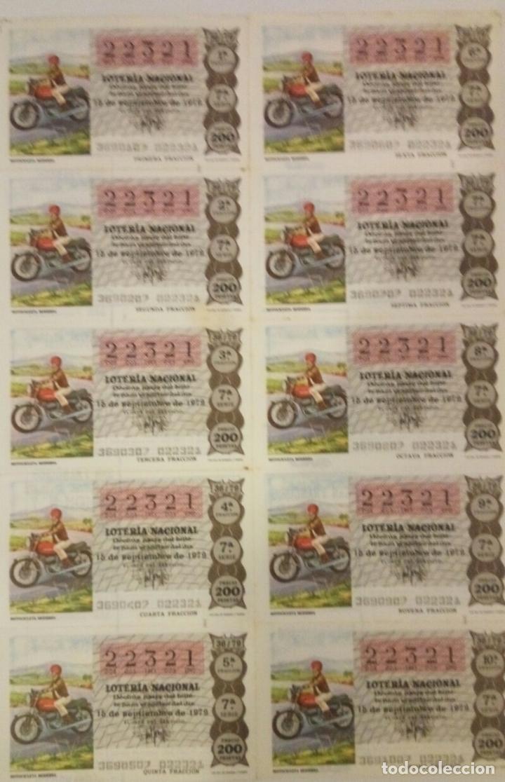 Nationale spanische Lotterie: BILLETE COMPLETO DE LOTERIA. 1979. 36/79. MOTOCICLETA MODERNA. ADM.DE LOTERIA N&ordm;7. S.FRANCISO. C&Aacute;DIZ