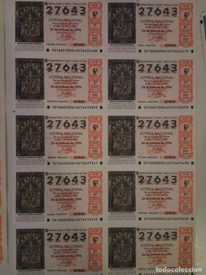 Nationale spanische Lotterie: BILLETE COMPLETO DE LOTERIA. 1996. 16/96. CATEDRALES DE ESPA&Ntilde;A.  ADM. DE LOT N&ordm;3. J. DEL TORO. C&Aacute;DIZ