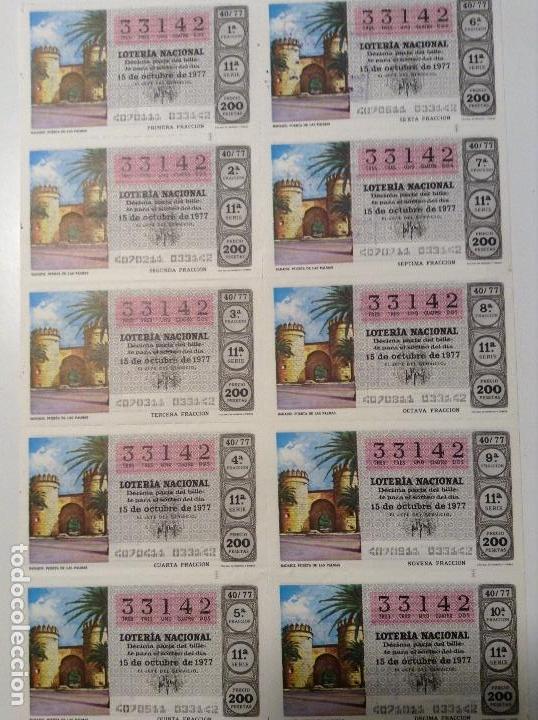 Lotaria Nacional: BILLETE COMPLETO DE LOTERIA. 1977. 40/77. BADAJOZ.PUERTA DE LAS PALMAS.AD.N&ordm; 10.CAY. DEL TORO. C&Aacute;DIZ