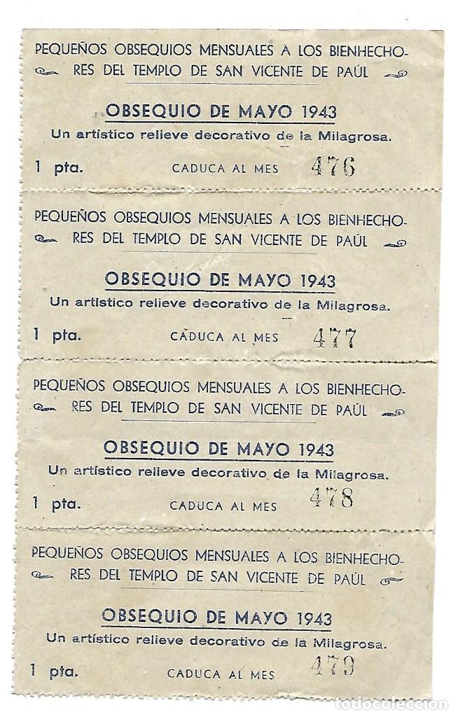 Lotaria Nacional: 4 BILLETES DE RIFA DEL TEMPLO DE SAN VICENTE DE PAUL, BARCELONA DE 1943
