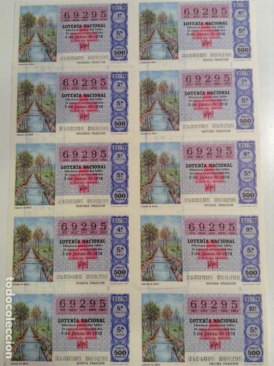 National Spanish Lottery: BILLETE COMPLETO DE LOTERIA. 1978. 21/78.  CANALES DE RIEGO. AD. N&ordm;4. DUQUE DE LA VICTORIA. C&Aacute;DIZ.