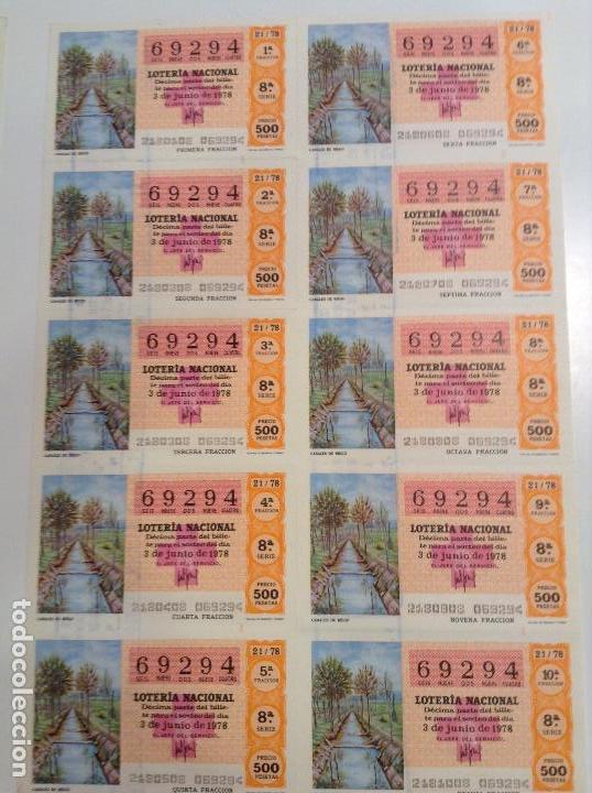 National Spanish Lottery: BILLETE COMPLETO DE LOTERIA. 1978. 21/78.  CANALES DE RIEGO. AD. N&ordm;4. DUQUE DE LA VICTORIA. C&Aacute;DIZ.