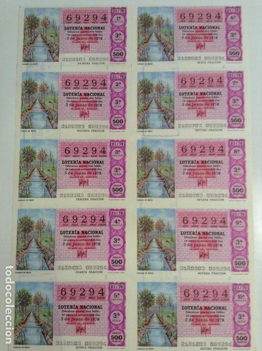 National Spanish Lottery: BILLETE COMPLETO DE LOTERIA. 1978. 21/78.  CANALES DE RIEGO. AD. N&ordm;4. DUQUE DE LA VICTORIA. C&Aacute;DIZ.