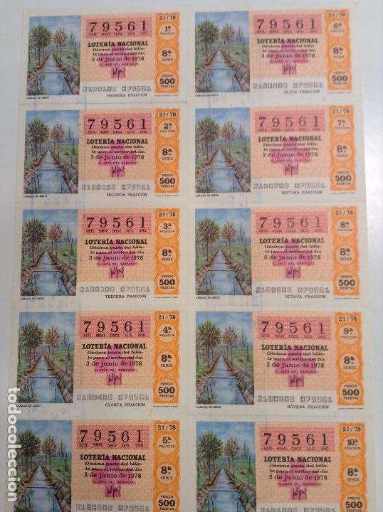 National Spanish Lottery: BILLETE COMPLETO DE LOTERIA. 1978. 21/78.  CANALES DE RIEGO. AD. N&ordm;4. DUQUE DE LA VICTORIA. C&Aacute;DIZ.