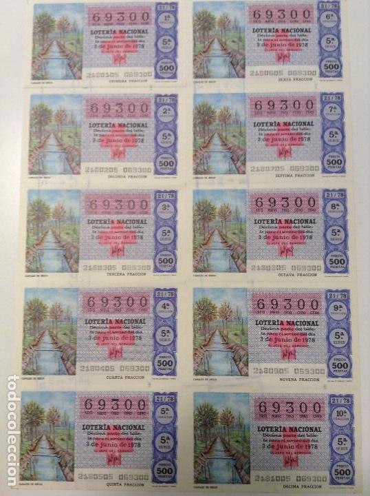 National Spanish Lottery: BILLETE COMPLETO DE LOTERIA. 1978. 21/78.  CANALES DE RIEGO. AD. N&ordm;4. DUQUE DE LA VICTORIA. C&Aacute;DIZ.