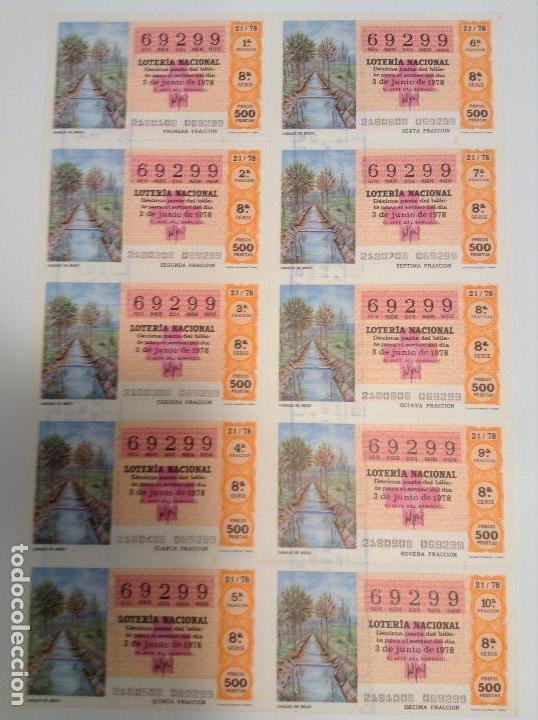 National Spanish Lottery: BILLETE COMPLETO DE LOTERIA. 1978. 21/78.  CANALES DE RIEGO. AD. N&ordm;4. DUQUE DE LA VICTORIA. C&Aacute;DIZ.
