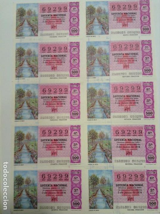 Lotteria Nationale Spagnola: BILLETE COMPLETO DE LOTERIA. 1978. 21/78.  CANALES DE RIEGO. AD. N&ordm;4. DUQUE DE LA VICTORIA. C&Aacute;DIZ.