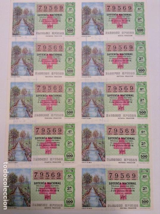 Lotteria Nationale Spagnola: BILLETE COMPLETO DE LOTERIA. 1978. 21/78.  CANALES DE RIEGO. AD. N&ordm;4. DUQUE DE LA VICTORIA. C&Aacute;DIZ.