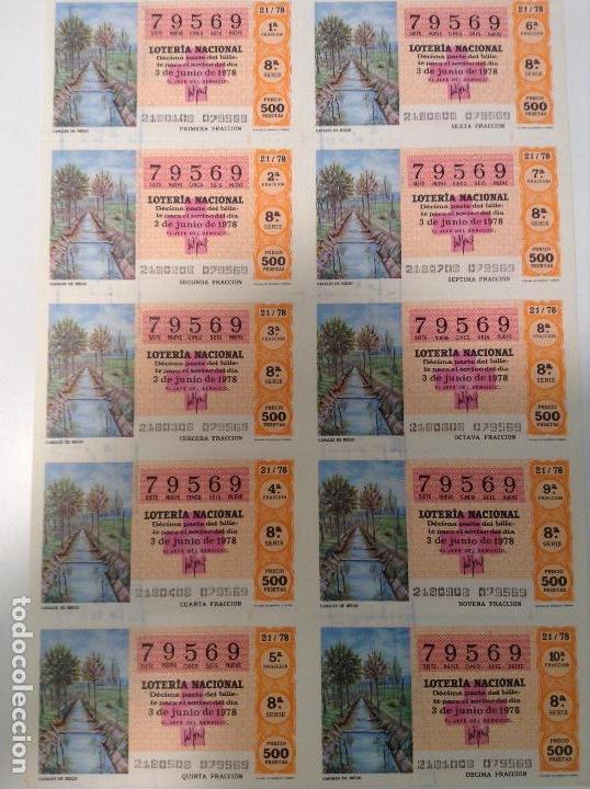 Lotaria Nacional: BILLETE COMPLETO DE LOTERIA. 1978. 21/78.  CANALES DE RIEGO. AD. N&ordm;4. DUQUE DE LA VICTORIA. C&Aacute;DIZ.