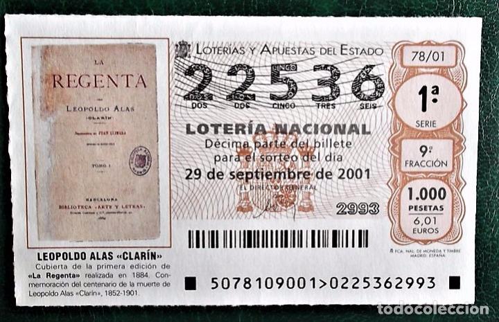 Loter&iacute;a nacional: Espa&ntilde;a. Loter&iacute;a. 2001. Sorteo: 78 Leopoldo Alas Clar&iacute;n, cubierta de la primera edici&oacute;n de La regenta