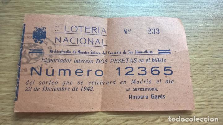 Loter&iacute;a nacional: Alcira, Valencia. Participaci&oacute;n de loter&iacute;a. 1942 Archicofrad&iacute;a de Nuestra Se&ntilde;ora. del Consuelo