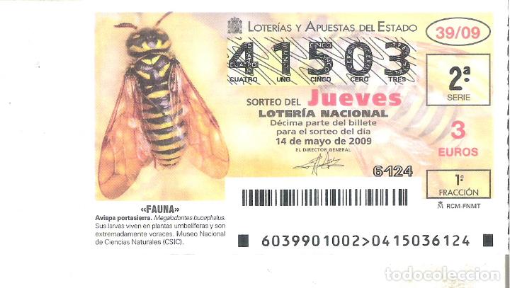 Lotaria Nacional: 1 DECIMO DE LOTERIA JUEVES - 14 MAYO 2009 - 39/09 - FAUNA - INSECTOS - AVISPA PORTASIERRA