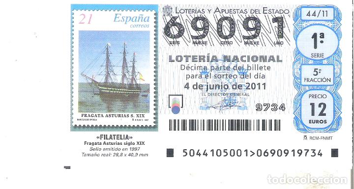 Loterie Nationale: 1 DECIMO LOTERIA DEL SABADO 4 JUNIO 2011 44/11 FILATELIA - SELLOS - SELLO FRAGATA ASTURIAS