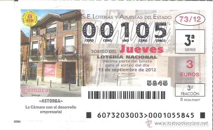 Lotteria Nationale Spagnola: 1 DECIMO LOTERIA DEL JUEVES - 13 SEPTIEMBRE 2012 - 73/12 - CAMARA COMERCIO ( ASTORGA - LEON )