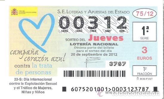 Nationale spanische Lotterie: 1 DECIMO LOTERIA DEL JUEVES - 20 SEPTIEMBRE 2012 - 75/12 - DIA CONTRA LA EXPLOTACION SEXUAL