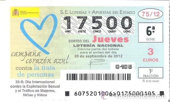 Lotteria Nationale Spagnola: 1 DECIMO LOTERIA DEL JUEVES - 20 SEPTIEMBRE 2012 - 75/12 - DIA CONTRA LA EXPLOTACION SEXUAL