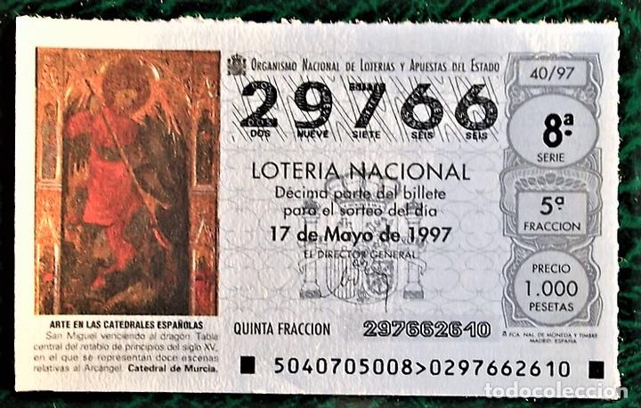 Loter&iacute;a Nacional: Espa&ntilde;a. Loter&iacute;a. 1997. Sorteo: 40 Arte en las Catedrales: Murcia. San Miguel venciendo al drag&oacute;n. Fe